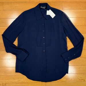 Vince NWT Navy Sheer Pleated Tuxedo Bib Silk Blouse Size 6 ($325)